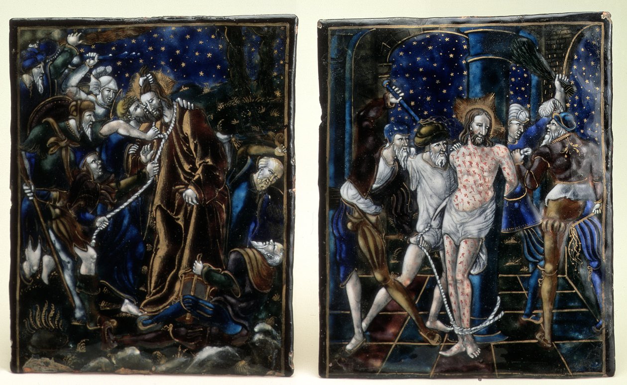 Der Kuss des Judas und die Geißelung Christi: zwei emaillierte Plaketten aus der Passion unseres Herrn Serie, Limoges, Mitte des 16. Jahrhunderts von Unknown