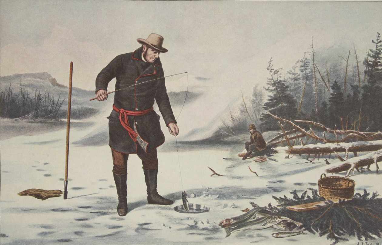 Amerikanische Wintersportarten - Forellenfischen am Chateaugay-See (Franklin County N.Y.) von American School