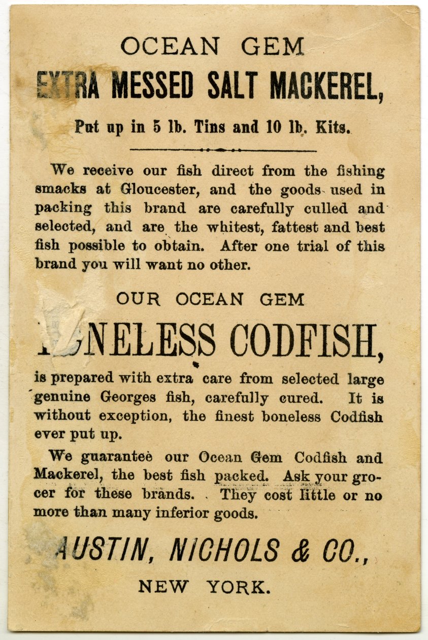 Austin, Nichols & Co. Ocean Gem Makrele, Rückseite der Handelskarte von American School
