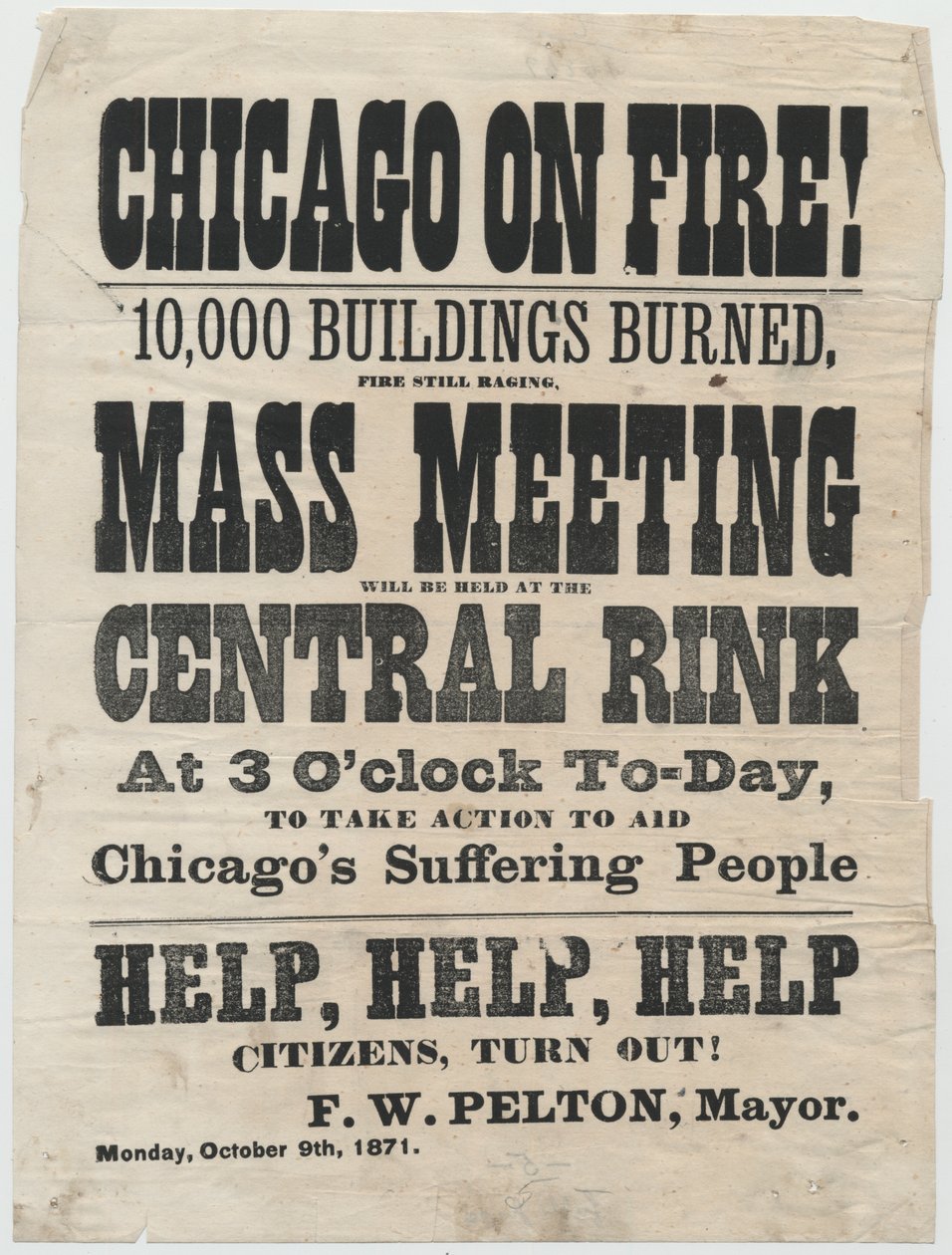 Plakat zur Werbung für eine Kundgebung in Cleveland, Ohio, zur Unterstützung der Opfer des Chicago-Feuers von 1871, 1871 von American School