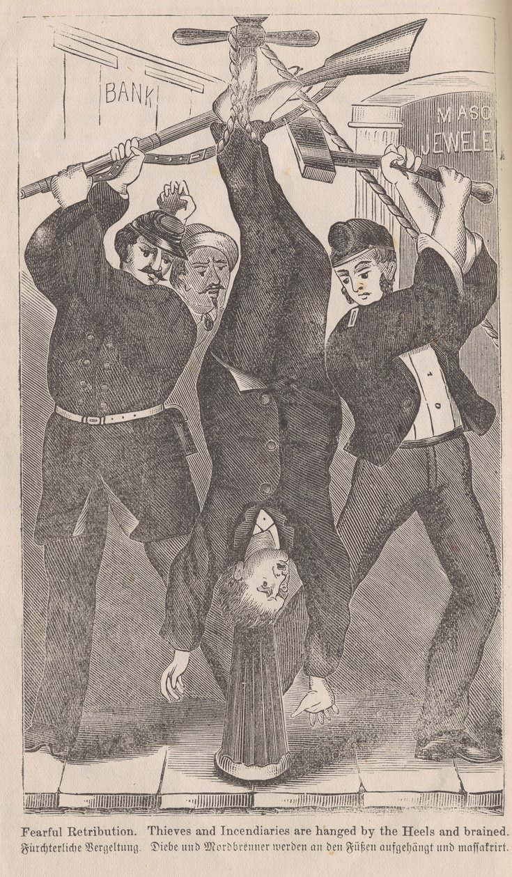 Furchtbare Vergeltung, Diebe und Brandstifter werden an den Fersen aufgehängt und erschlagen, aus The Great Fires of Chicago von George L. Barclay, 1872 von American School