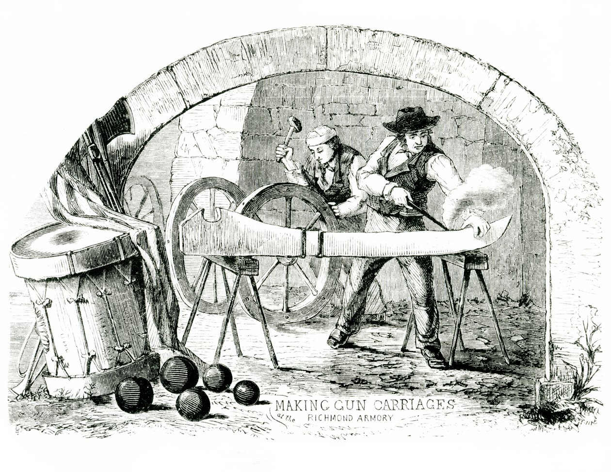 Herstellung von Geschützlafetten von Hand in der Richmond-Waffenkammer, 1860er Jahre von American School