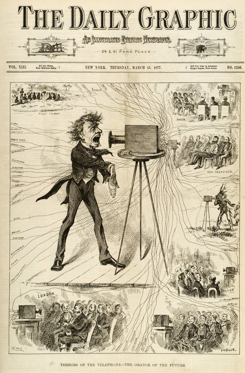 Schrecken des Telefons, Illustration aus The Daily Graphic, 15. März 1877 von American School