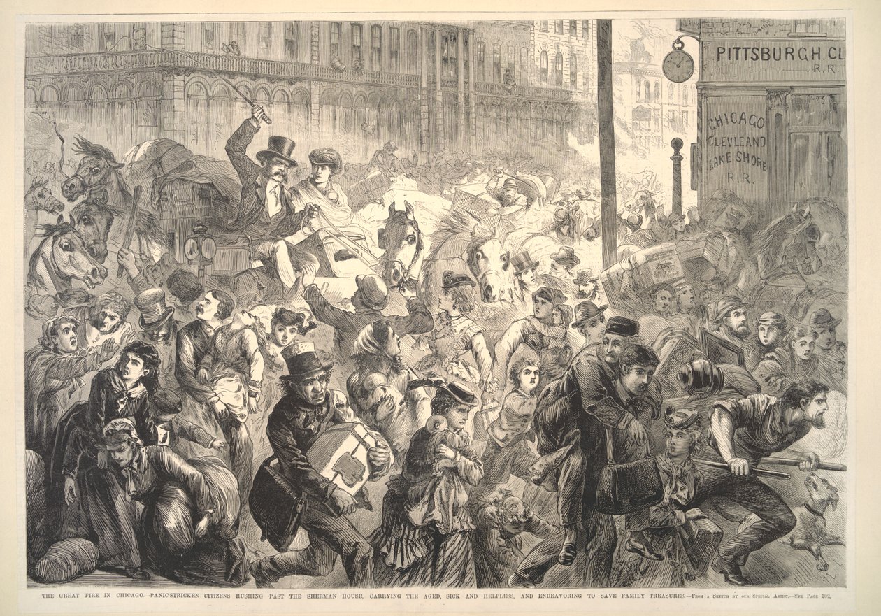 Das große Feuer in Chicago: panische Bürger rennen am Sherman House vorbei, Illustration aus Frank Leslies Illustrated Newspaper, 1871 von American School