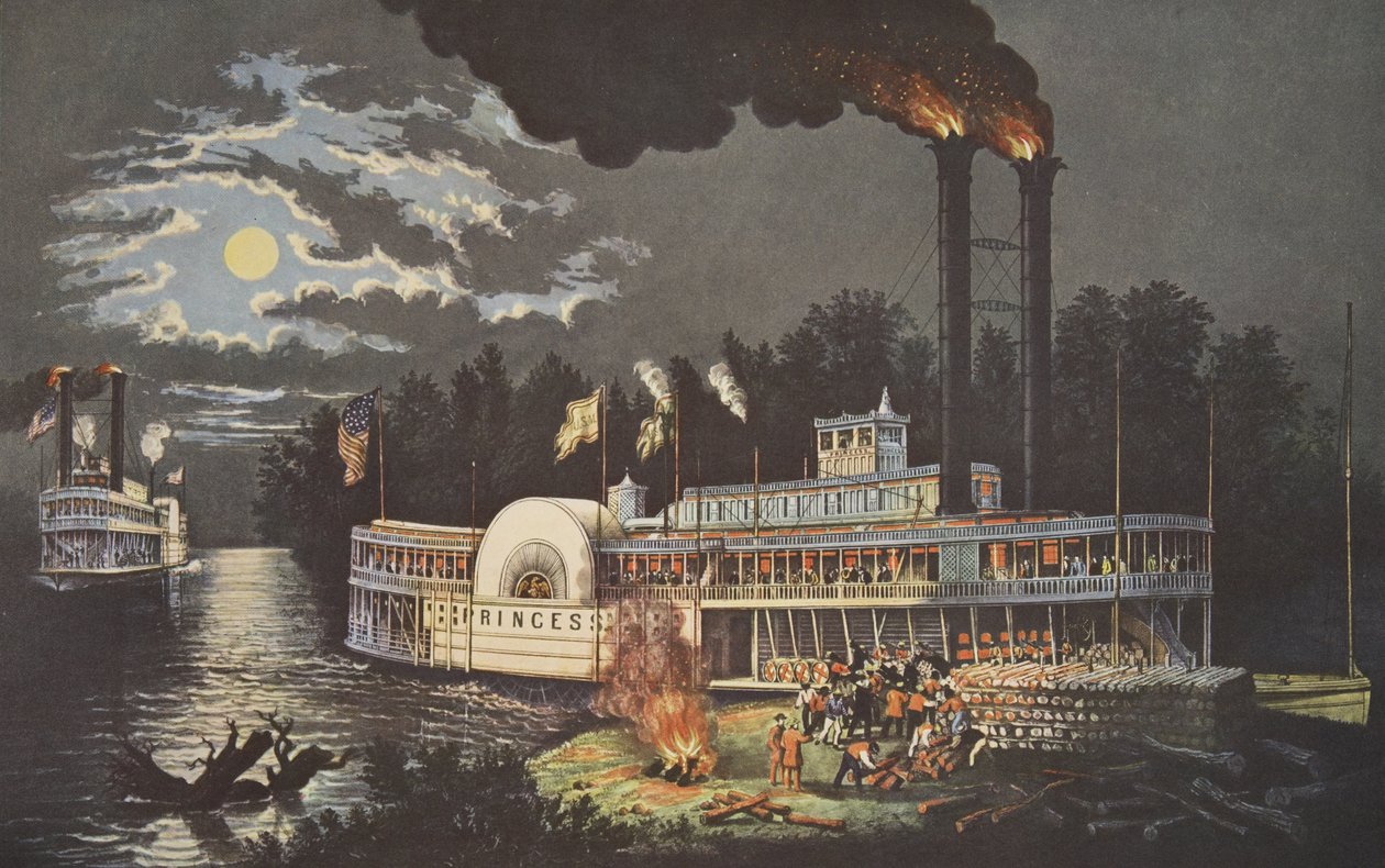 Holzverladung am Mississippi, veröffentlicht 1863, Currier & Ives von American School