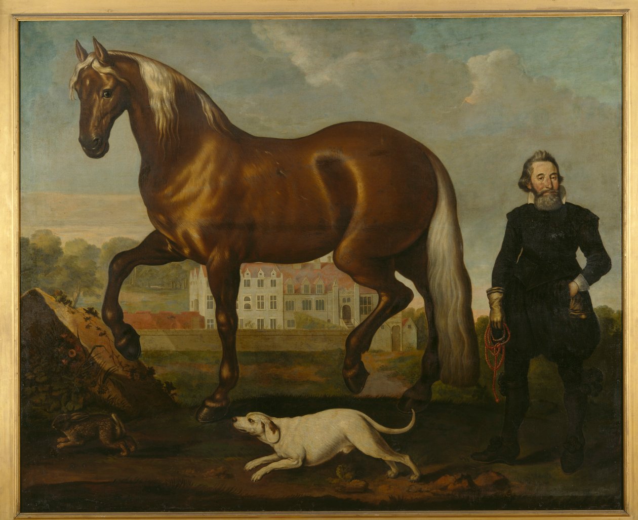 Ein braunes Pferd mit Blick auf Welbeck Abbey – Westfront von English School