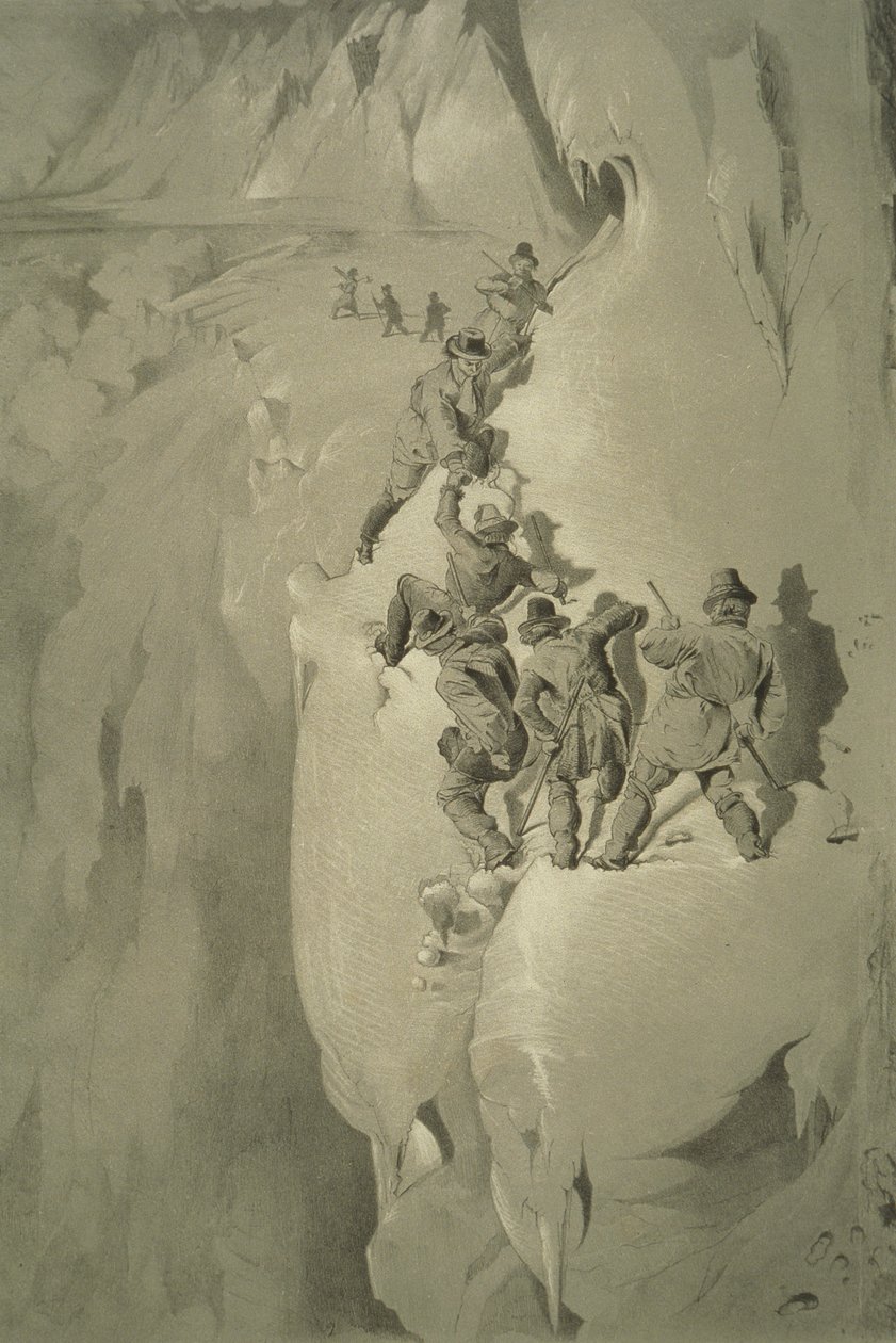 Eine gefährliche Ecke, aus Zehn Szenen beim letzten Aufstieg auf den Mont Blanc, einschließlich fünf Ansichten vom Gipfel, von J.D.H. Browne, veröffentlicht 1853 von English School