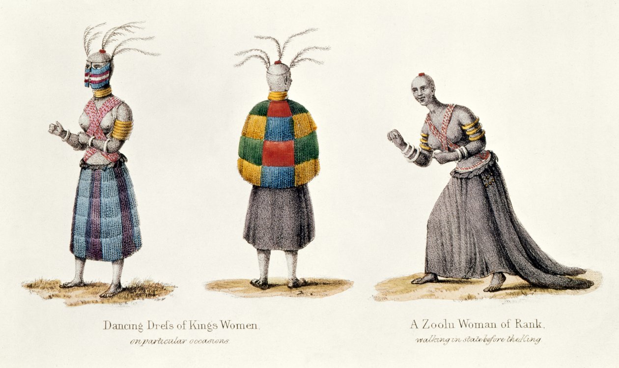 Tanzkleid der Frauen des Königs und eine Zoolu-Frau von Rang, Illustration aus Erzählung einer Reise ins Zoolu-Land von A.F. Gardiner, 1836 von English School