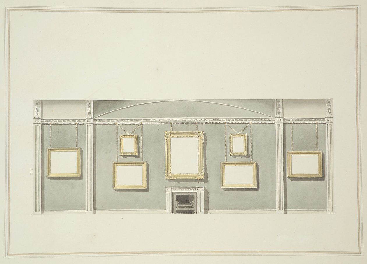 Entwürfe für die Bilderhängung an einer der langen Wände der Galerie von Sir John Leicester, Hill Street, um 1806 von English School