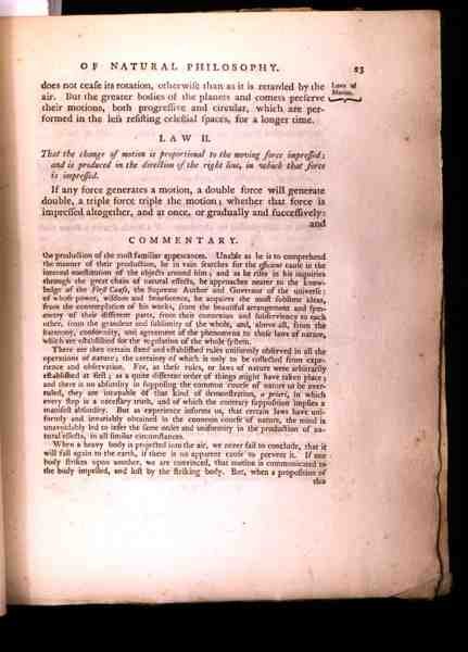 Gesetz II, aus Band I der Mathematischen Prinzipien der Naturphilosophie von Sir Isaac Newton (1642-1727) 1777 von English School