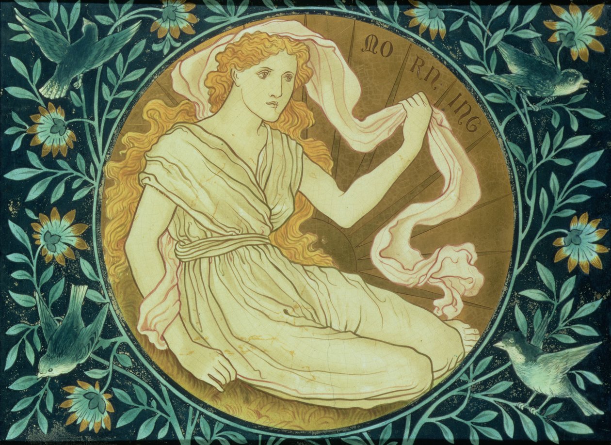 Morgen, Panel dekoriert mit einer allegorischen Figur, die die aufgehende Sonne darstellt, hergestellt von Shrigley & Hunt, 1876 (Keramik) von English School
