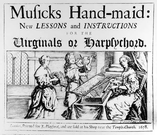 Musics Hand-Maid: Neue Lektionen und Anweisungen für Virginals oder Cembali, graviert von Guiseppe Vaughan, 1678 von English School
