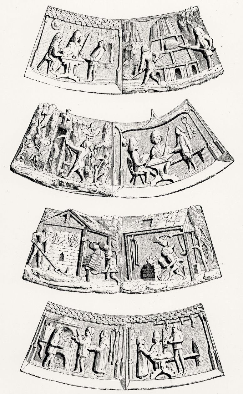 Die Gießerei von Edelmetallen, Stücke im zeremoniellen Kragen des Senior-Mitglieds der Goldschmiede von Gent, Illustration aus Wissenschaft und Literatur im Mittelalter und der Renaissance, geschrieben von English School