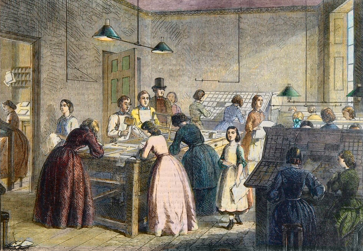 Frauen als Setzerinnen in der Druckerei der Victoria Press, Great Coram Street, London, 1860 von English School