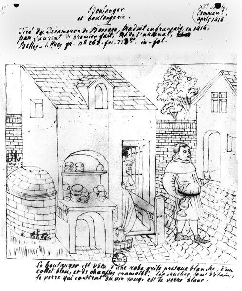 Bäcker und Bäckerei, gezeichnet nach einer Originalbeleuchtung für eine französische Übersetzung des Decameron von Boccaccio (1313-75), erstellt 1414 von French School