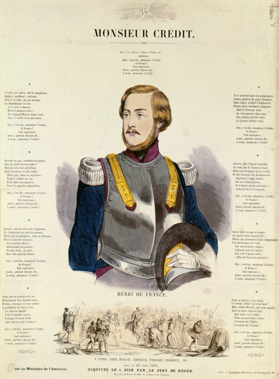 Monsieur Credit, französische royalistische Propaganda, die Henri Charles Ferdinand Marie Dieudonné de France, Duc de Bordeaux, Comte de Chambord, verherrlicht von French School