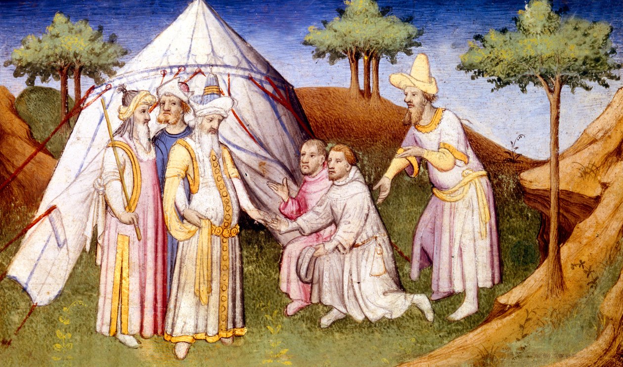 Ms Fr 2810 f.2v, Kublai Khan wird von den Brüdern Polo begrüßt, aus Livre des Merveilles du Monde, ca. 1410-12 von French School