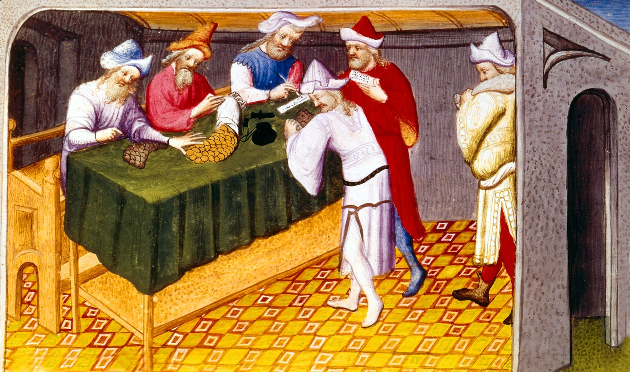 Ms Fr 2810 f.69, Steuererhebung durch Dschingis Khan auf Salz, Zucker und Gewürze in der Stadt Quinsay, aus Livre des Merveilles du Monde, ca. 1410-12 von French School
