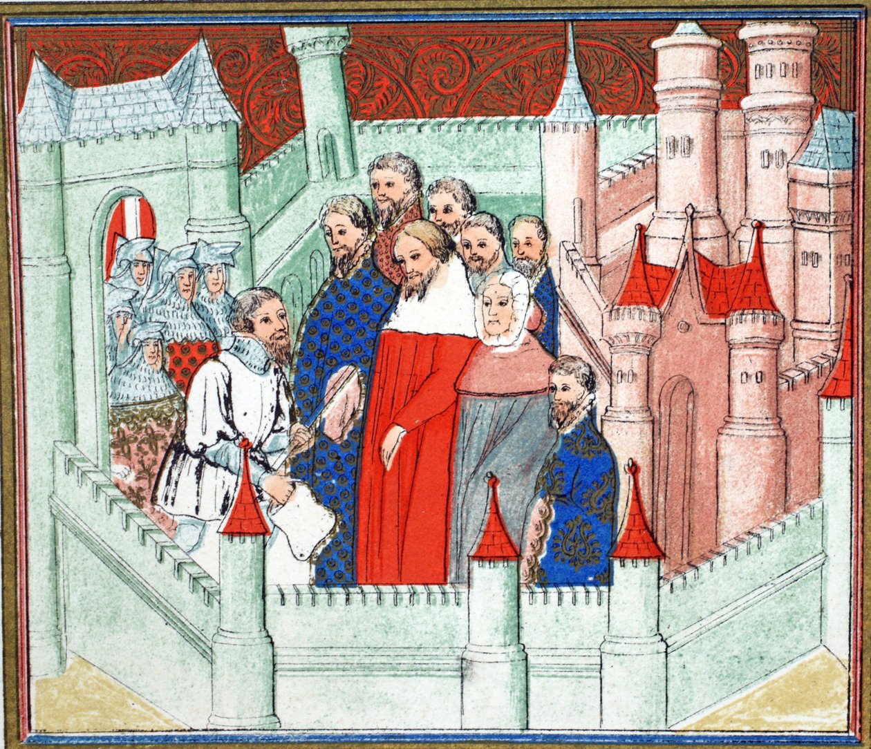 Richard II. auf Schloss Flint, wo er als Gefangener an Bolingbroke, seinen Rivalen um den Thron, übergeben wurde, Faksimile-Kopie aus Le Prinse et Mort du Roy Richart von Jean Creton, nachgedruckt im 19. Jahrhundert (farbig) von French School