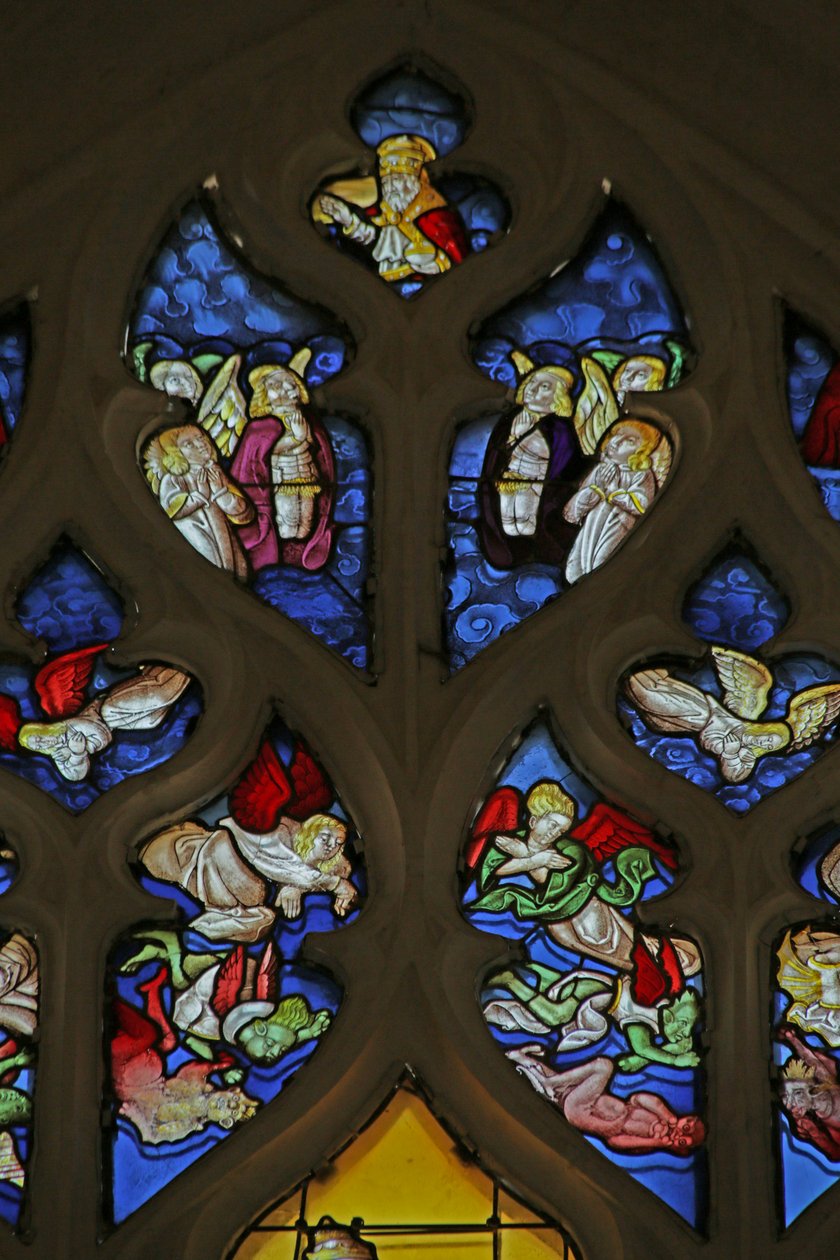 Fenster, das Gott, Engel und gefallene Engel darstellt von French School