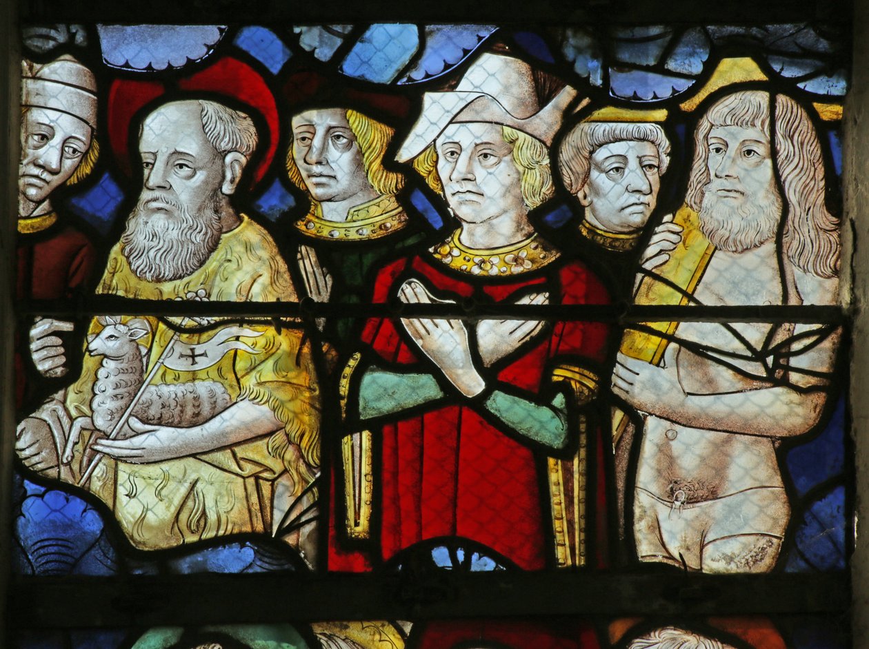 Fenster, das den heiligen Johannes den Täufer und Menschen beim zweiten Kommen Christi darstellt von French School