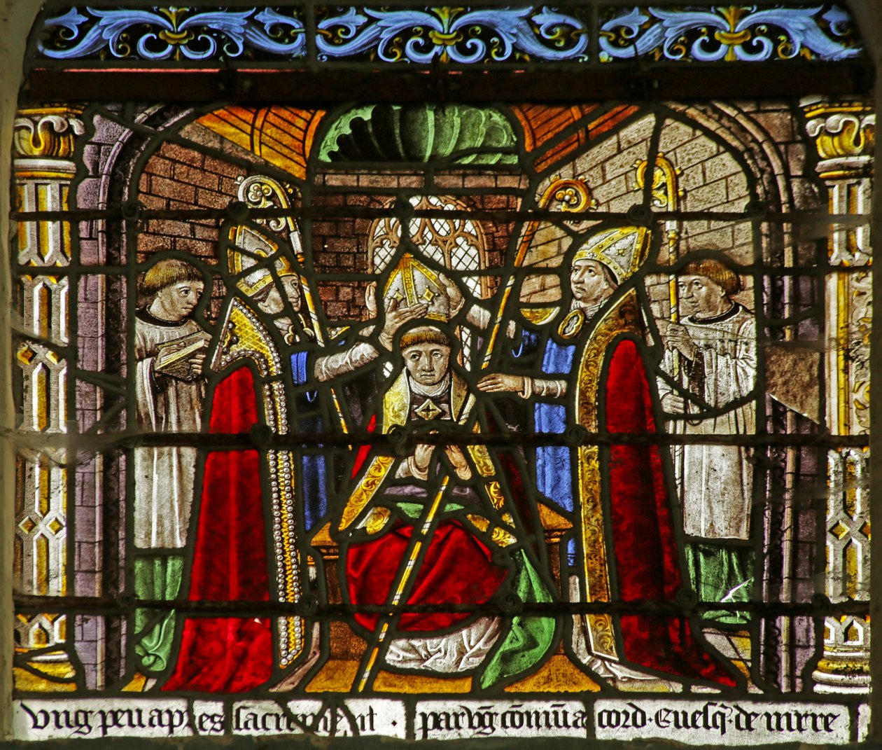 Fenster, das den heiligen Nikolaus zeigt, wie er Bischof von Myra wird von French School