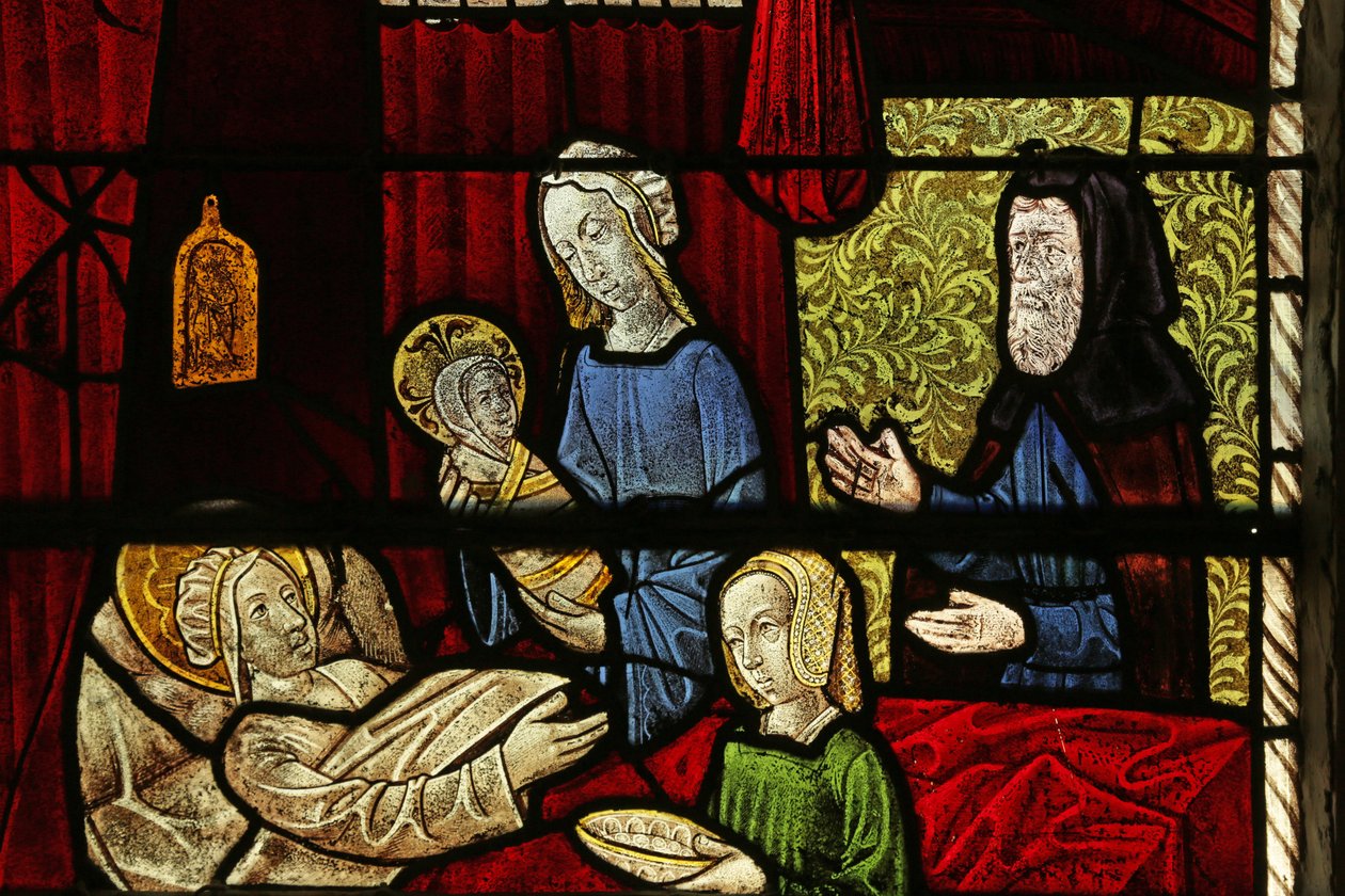 Fenster mit Darstellung der Geburt der Jungfrau Maria von French School