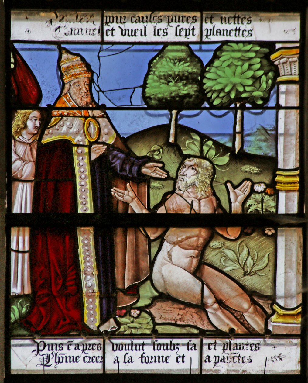 Fenster mit Darstellung der Erschaffung Adams von French School