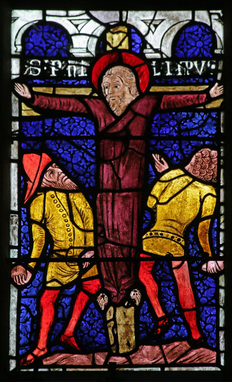 Fenster, das die Steinigung des heiligen Philippus am Kreuz darstellt von French School