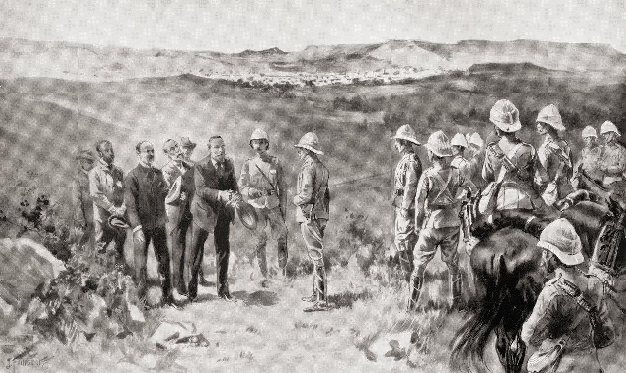 Die formelle Übergabe von Bloemfontein an Lord Roberts durch Herrn Pappenfus, Herrn Kellner und Herrn Collins am 14. März 1900, aus dem Buch Südafrika und der Transvaal-Krieg von Louis Creswicke, veröffentlicht 1900 von Unknown