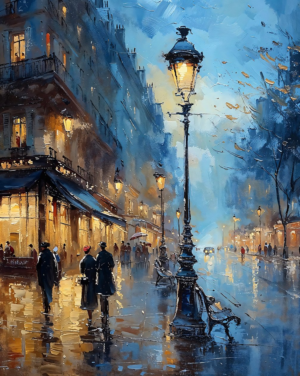 Nacht nach dem Regen, Pariser Straße im impressionistischen, klassischen Wanddekor von F. Abderrahim