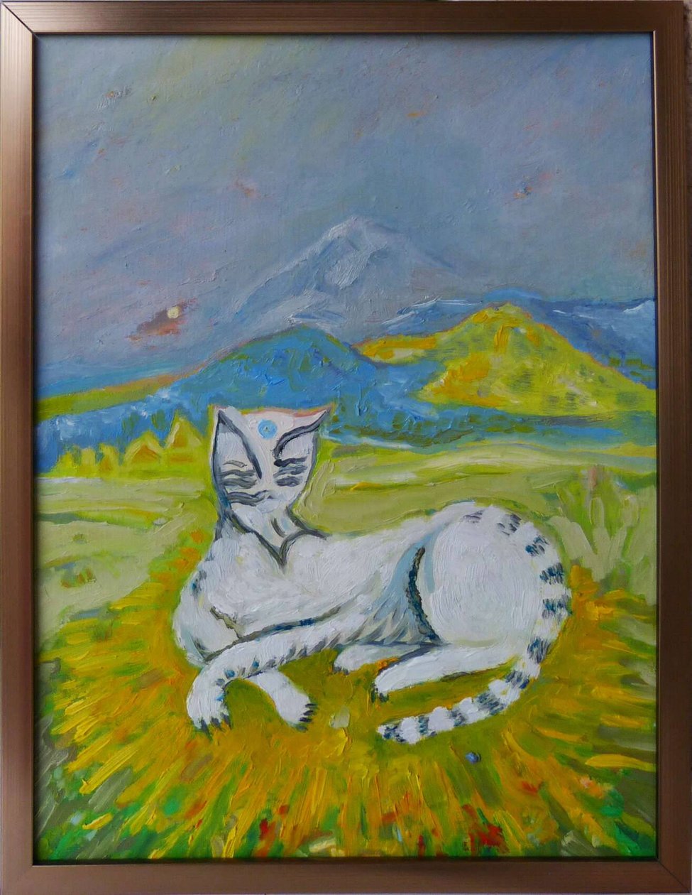 Landschaft mit weißer Katze von Elzbieta Goszczycka