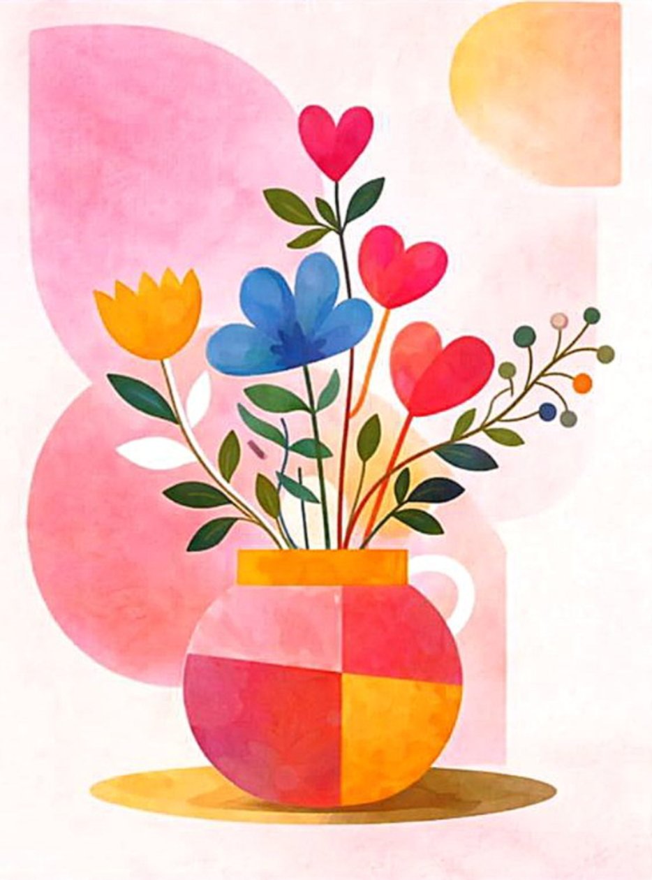 Bunter Blumenstrauß im geometrischen Topf von Nomi Morina