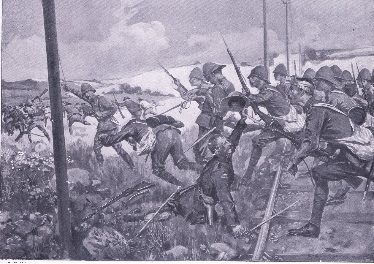 Angriff der Scots Fusiliers bei Frederikstad, Illustration aus After Pretoria: The Guerilla War, 1902 von A. C. Ball
