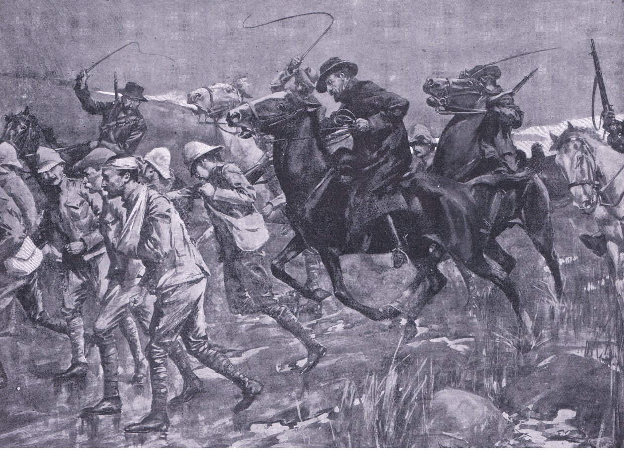 De Wets Behandlung britischer Kriegsgefangener auf dem Marsch, Illustration aus After Pretoria: The Guerilla War, 1902 von A. C. Ball