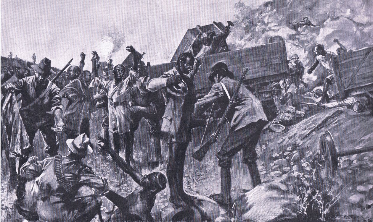 Das Entgleisen des Zuges bei Taaibosch, aus After Pretoria: Der Guerillakrieg veröffentlicht von Harmsworth Bros Limited, 1901 von A. C. Ball