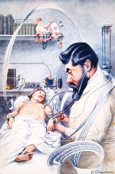 Professor Camille Lian (1882-1969) untersucht einen Patienten mit all seiner Ausrüstung, aus 