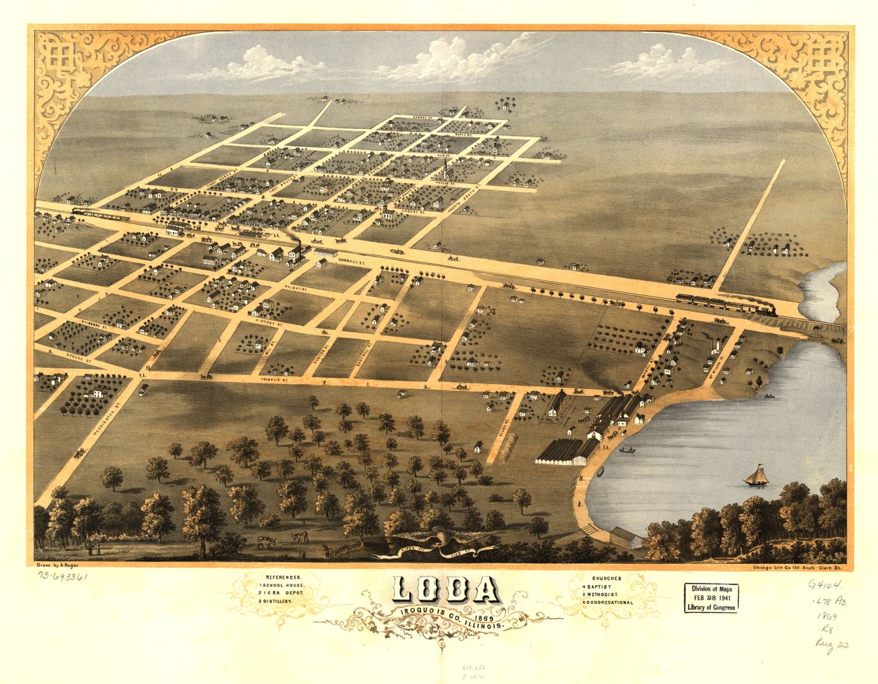 Vogelperspektive von Loda, Iroquois Co., Illinois 1869 von A.; Chicago Lithographing Co. Ruger