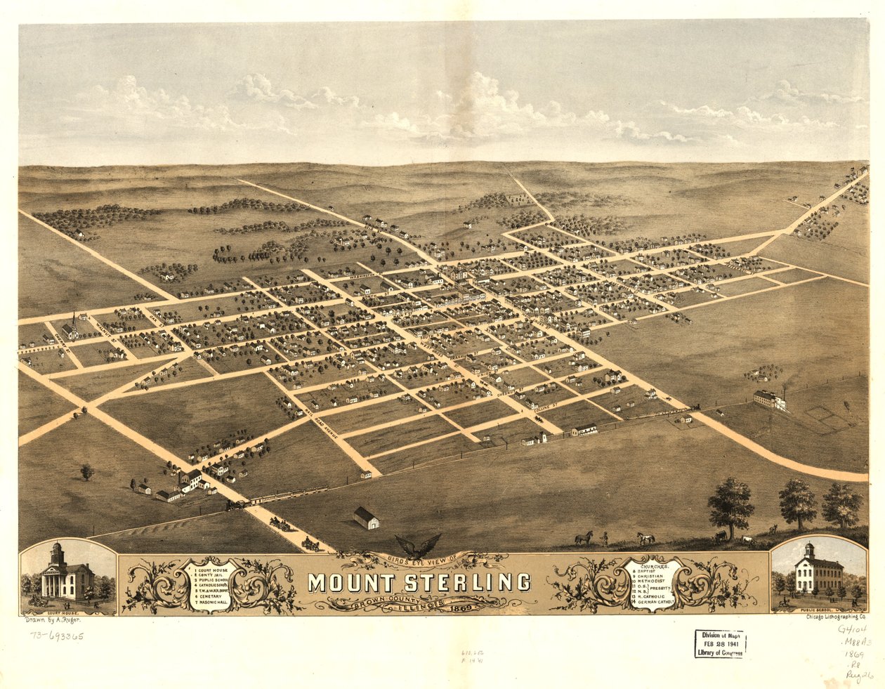 Vogelperspektive von Mount Sterling, Brown County, Illinois 1869 von A.; Chicago Lithographing Co. Ruger