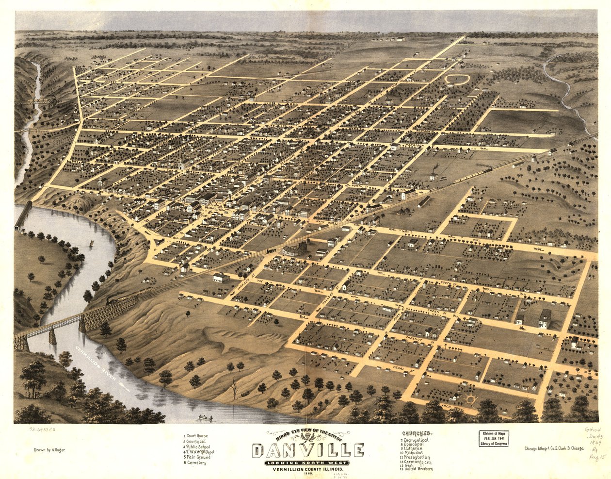 Vogelperspektive der Stadt Danville, Vermillion County, Illinois 1869 von A.; Chicago Lithographing Co. Ruger