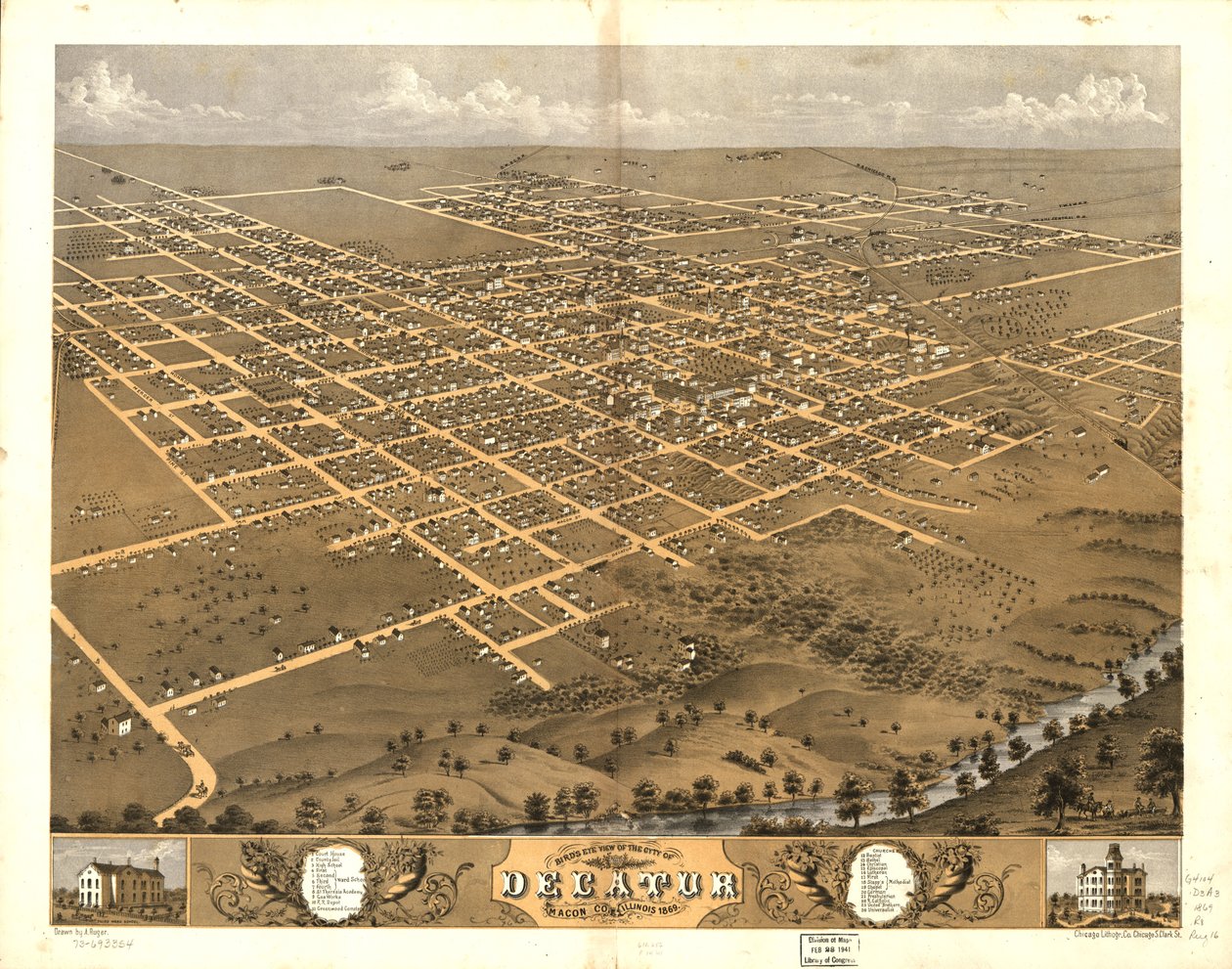 Vogelperspektive der Stadt Decatur, Macon Co., Illinois 1869 von A.; Chicago Lithographing Co. Ruger