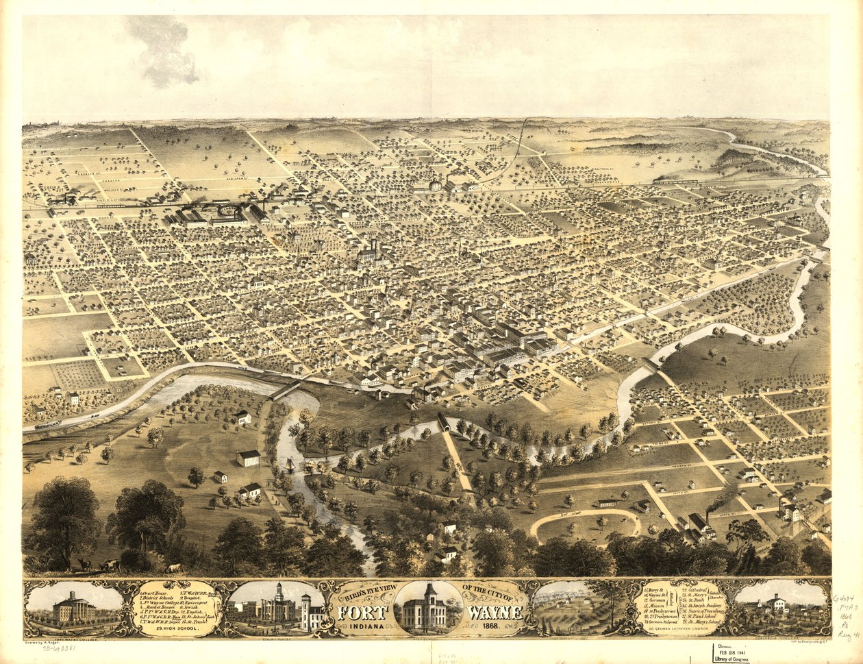 Vogelperspektive der Stadt Fort Wayne, Indiana 1868 von A.; Chicago Lithographing Co. Ruger