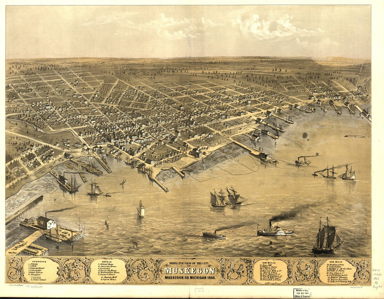 Vogelperspektive der Stadt Muskegon, Muskegon Co., Michigan 1868 von A.; Chicago Lithographing Co. Ruger