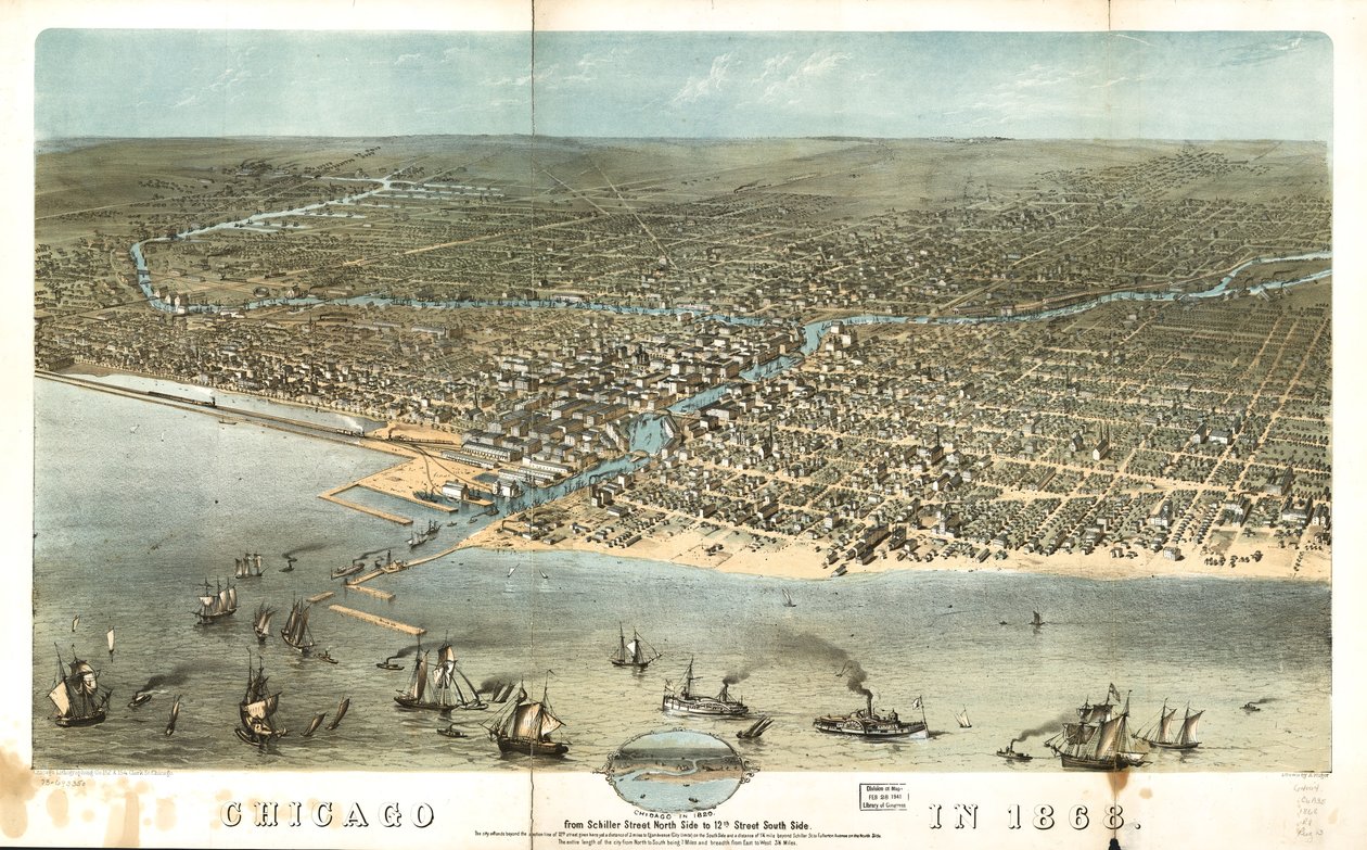 Chicago im Jahr 1868 von der Schillerstraße Nordseite bis zur 12. Straße Südseite. LOC 73693350 von A.; Chicago Lithographing Co. Ruger