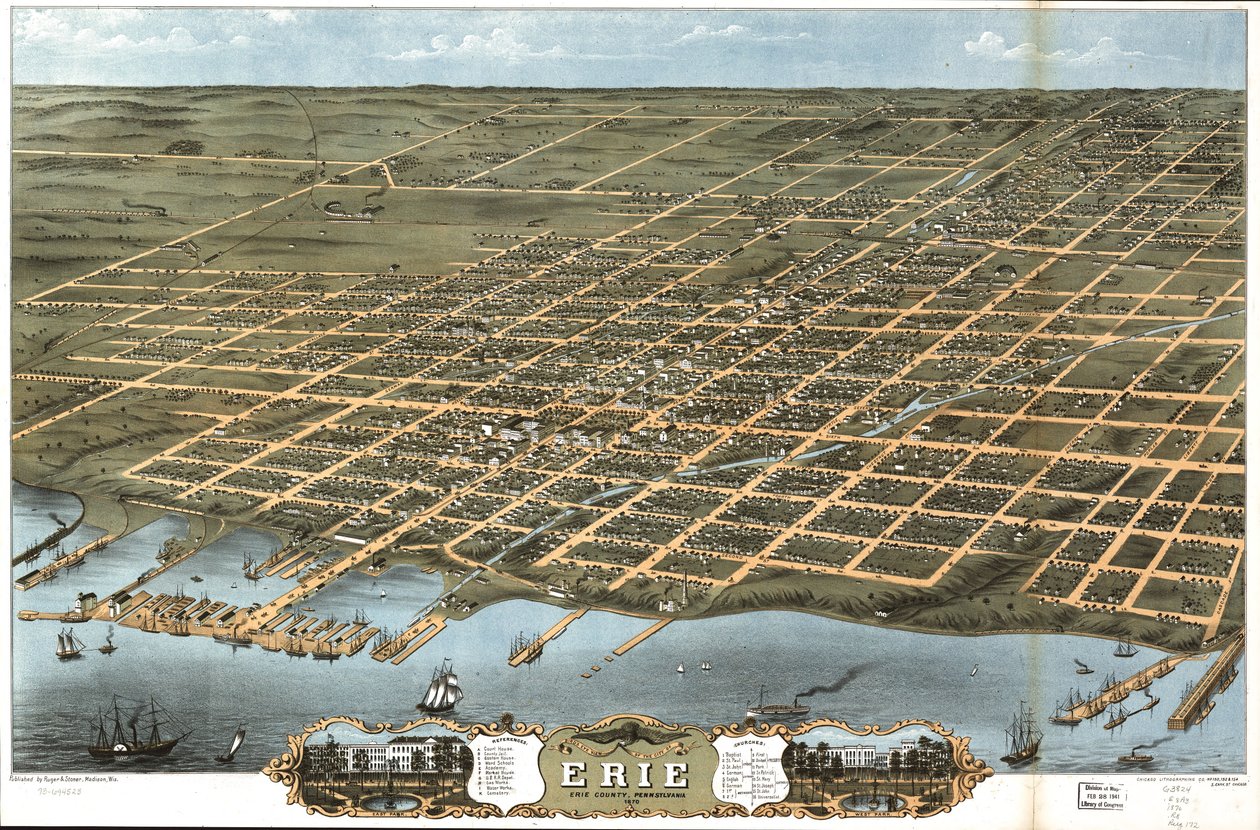 Vogelperspektive der Stadt Erie, Erie County, Pennsylvania 1870 von A. Chicago Lithographing Co. Ruger and Stoner Ruger