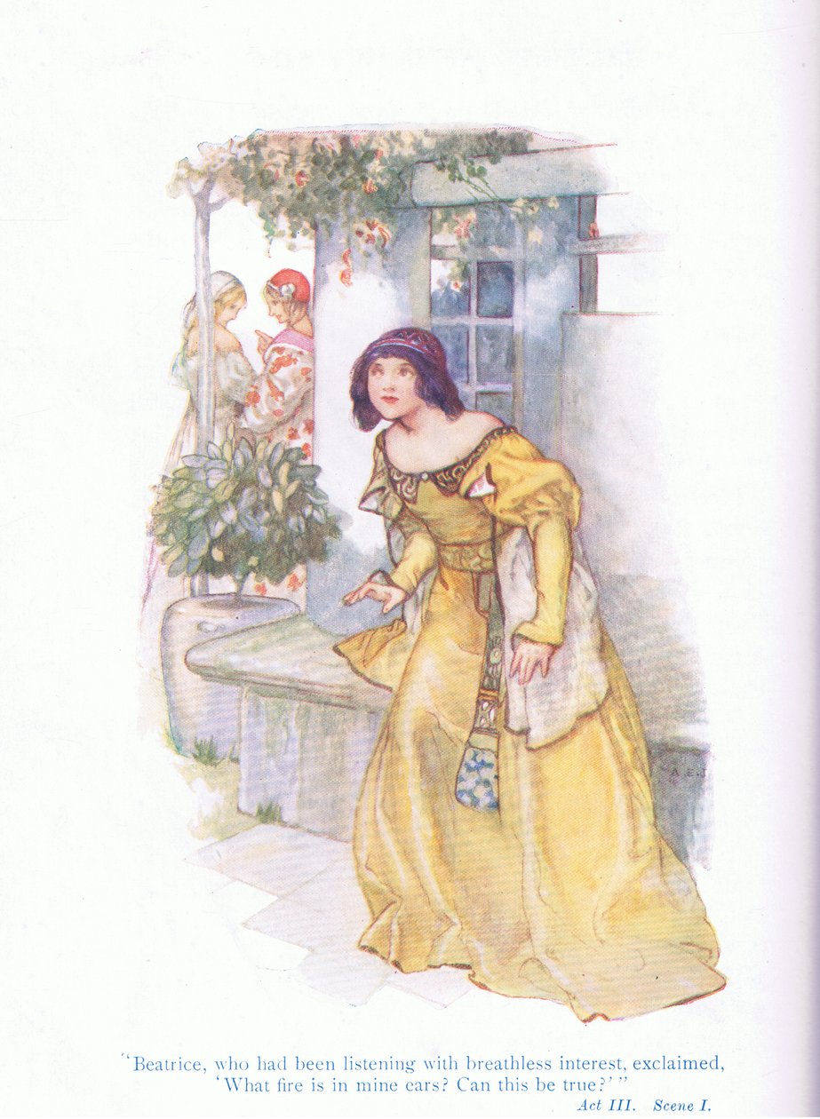 Beatrice, die mit atemloser Spannung zugehört hatte, rief: "Welches Feuer ist in meinen Ohren, kann das wahr sein?" (Viel Lärm um nichts), aus Tales from Shakespeare, veröffentlicht von Ward Lock & Co Ltd von A. Jackson