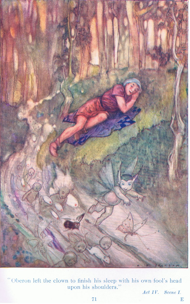 Oberon ließ den Narren schlafen mit seinem Narrenhaupt auf den Schultern (Ein Sommernachtstraum), aus Geschichten von Shakespeare, veröffentlicht von Ward Lock & Co Ltd von A. Jackson