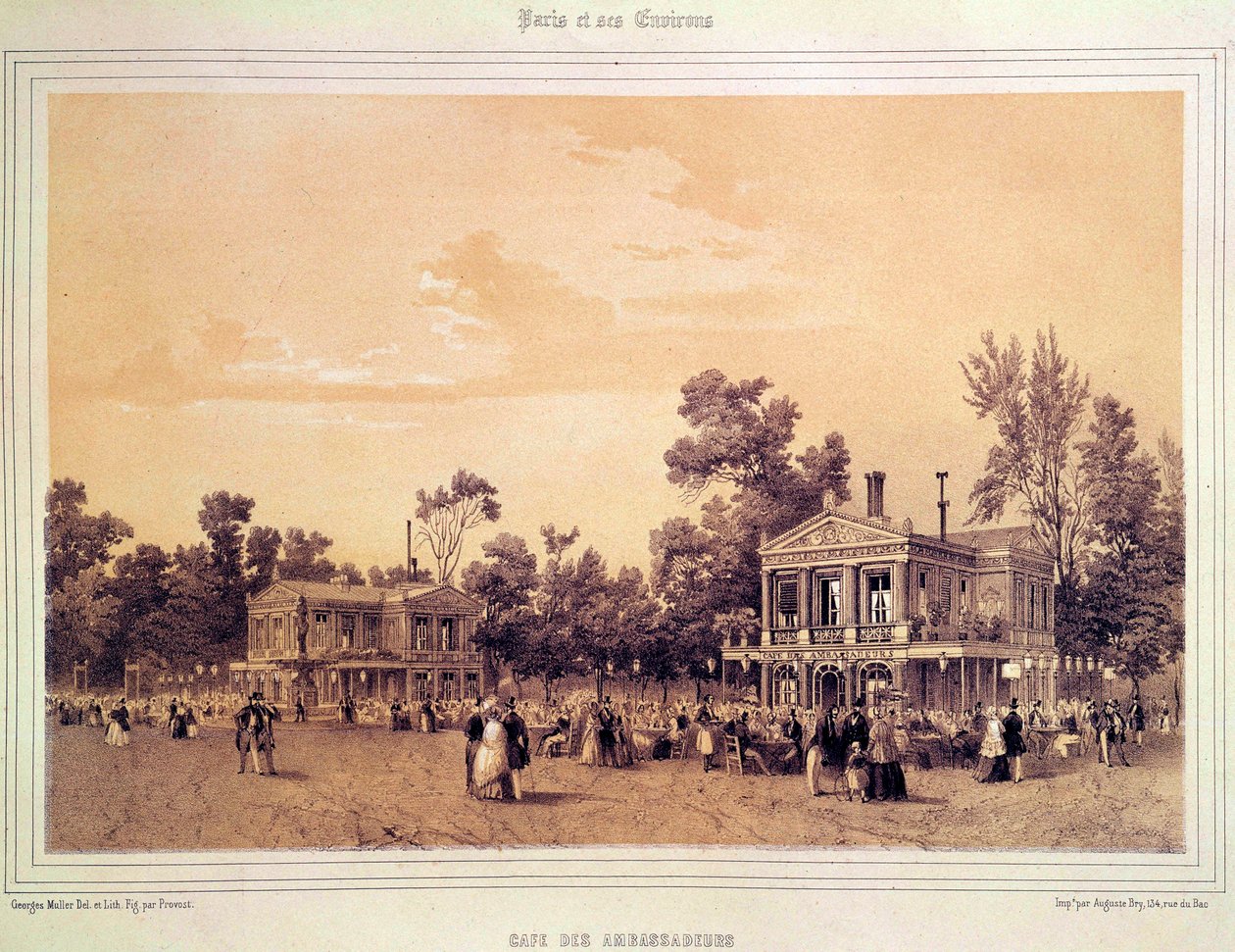 Ansicht des Café des Ambassadeurs auf den Champs-Élysées in Paris. Lithographie von A. Provost (aktiv um 1834-1855). Paris, Musée Carnavalet von A Provost