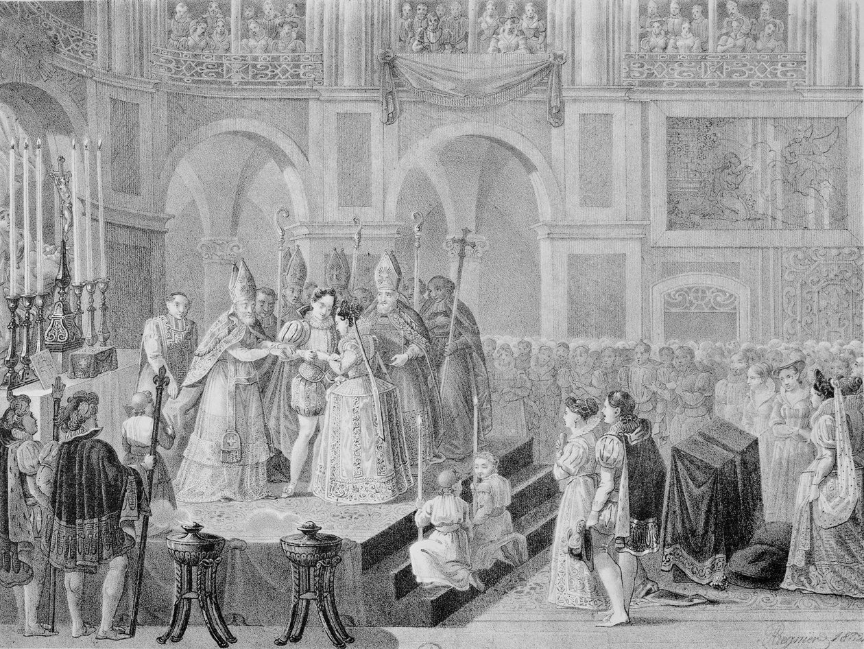 Die Hochzeit von Heinrich III. (1553-1610) und Margarete von Frankreich (1553-1615) im Jahr 1572, 1832 von A. Regnier