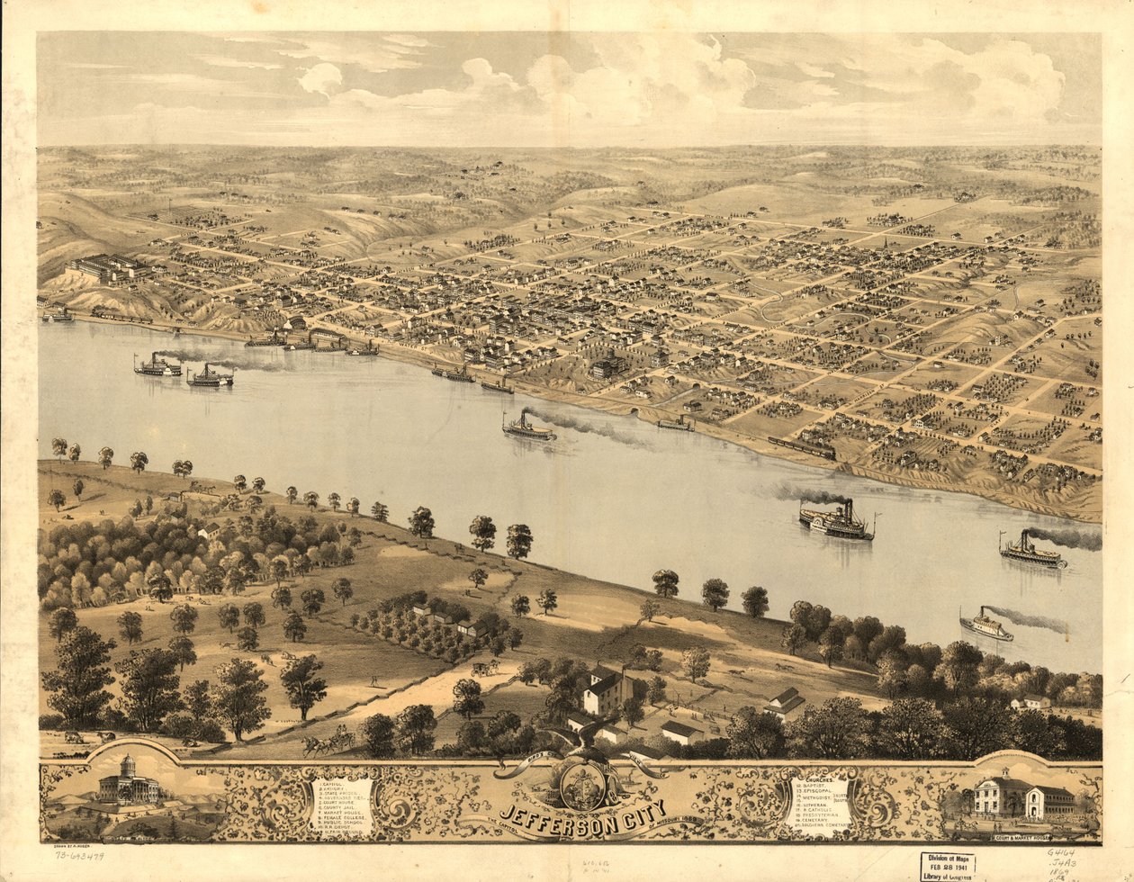 Vogelperspektive von Jefferson City, der Hauptstadt von Missouri 1869 von A. Ruger